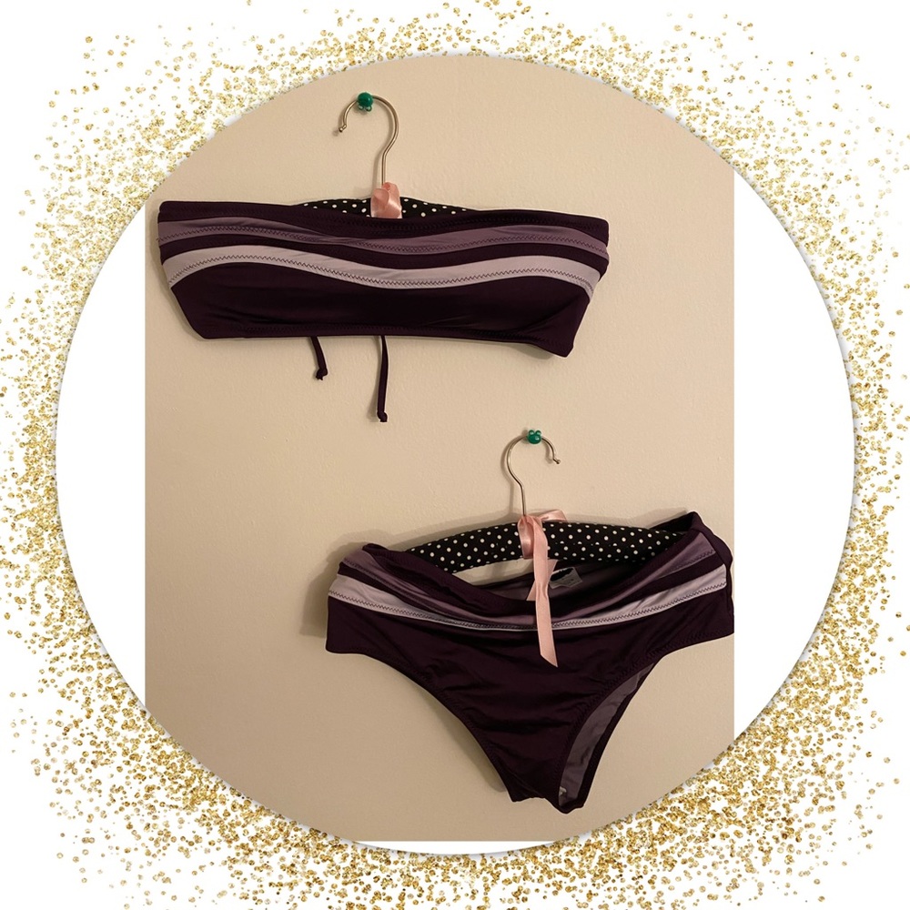 2 piece purple and black swimsuit